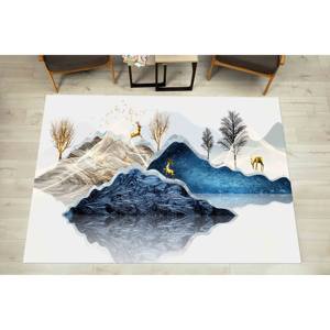 Alfombra con Diseño de Ciervos en Montaña Azul Marino y Blanco: Apta para Mascotas, con Pelo Suave - Product Image 4