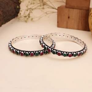 Oxidized silver Bangles Rose Green Pear Marquise Cut Stones Women Jewelry - Product Image 3