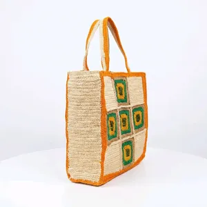 Handwoven Eco-Friendly Handmade <b>Raffia</b> <b>Tote</b> Bag Straw Shopping Carryall Open Top Floral and Panelled Summer Beach Travel - Product Image 3