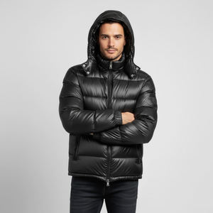 Chaquetas de Hombre Acolchadas al por Mayor, Color Negro Sólido, Tejido Transpirable de Alta Calidad, Relleno de Algodón, Manga Larga, con Capucha - Product Image 3
