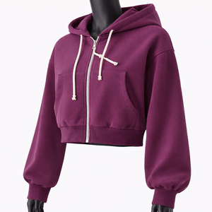 Sudadera con capucha corta de forro polar con cremallera completa para mujer, manga abullonada, capucha con cordón, color liso, logotipo personalizado, OEM, marca privada - Product Image 3