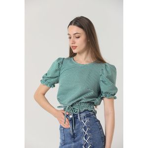 Blusa a Cuadros Esmeralda para Mujer Topshow con Cintura Elástica, Tela Jacquard de Algodón y Poliéster, Manga Larga, Estilo Casual - Product Image 5