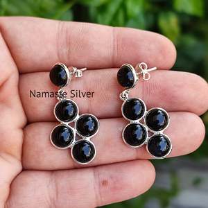 Boucles d'oreilles pendantes en argent sterling 925 faites à la main, pierre précieuse onyx noir, design géométrique, cadeau élégant pour elle, boucles d'oreilles en onyx noir - Product Image 5