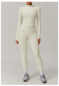 Women's Custom Logo Two-Piece Active Wear Set <b>Knitted</b> Fabric Yoga Sports <b>Leggings</b> and Gym Jackets with Logo on Waist - Product Image 5