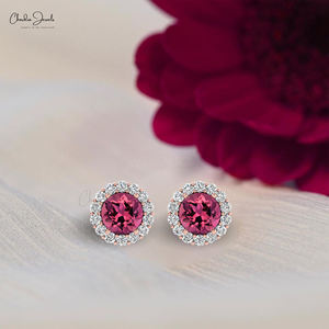 Pendientes de tuerca clásicos de moda del proveedor al por mayor mejor valorados 14K Diamante blanco sólido Compartir punta 4mm Fiestas de turmalina rosa - Product Image 1