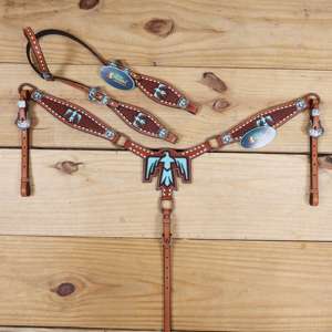 Ensemble de bride et de collier de poitrail en cuir véritable occidental, incrustation de poils, accessoire équestre, réglable, haute qualité, personnalisable, équitation - Product Image 1