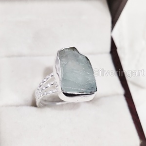 Bijoux en pierre brute Bague pour femme Aigue-marine réglable naturelle Pierre précieuse brute Mars Pierre de naissance Bande à pois Bague en argent sterling 925 - Product Image 5