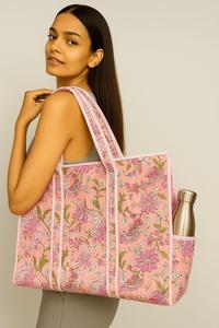 Indian Women's Quilted Cotton Lined Tote Shopping Carry Bag Hand-Block Printed Zipper Embroidered Jugle Design Shoulder Hand Bag - Product Image 4