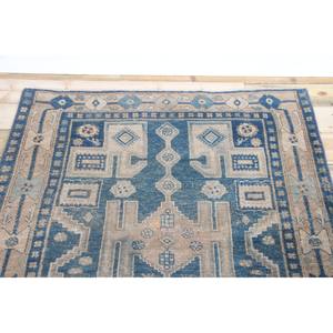 Tapis turc vintage 4,1x7 pieds, tapis en laine bleu et marron à motifs géométriques - Product Image 4