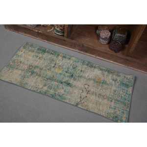Tapis turc vintage grande zone de 1,5x3,2 pieds en laine faite à la main avec support en Latex motif Patchwork Beige vert pour décor de couloir - Product Image 3