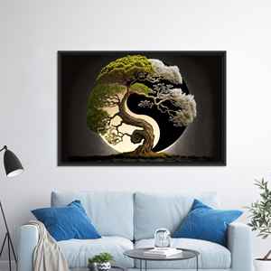 Tableau sur toile Yin Yang Tree : élégante décoration japonaise en verre imprimé, toile encadrée noire - Product Image 1