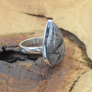 Fantástica calidad genuino negro rutilo cuarzo bisel ajuste sólido 925 plata esterlina Simple banda mujeres regalado joyería al por mayor - Product Image 3