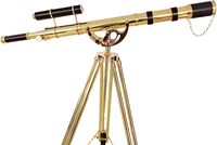 Télescope nautique en laiton vintage à double baril, debout au sol, finition en laiton brillant, cuir noir, demi-lune, artisanat en métal antique