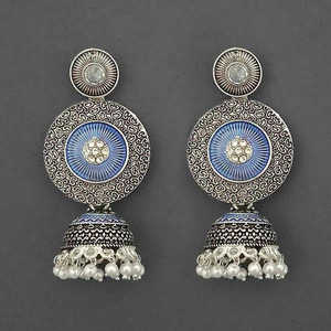 Kriaa <b>Fine</b> <b>Dangle</b> <b>Earrings</b> Silver Plated Stone and Blue Meenakari Matte Dangler Model 1312050C - Product Image 1