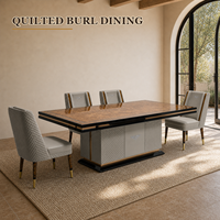 Ensemble de table à manger en bois de burl moderne et luxueux, table rectangulaire 8 places avec chaises à base capitonnée et pieds en métal pour la maison et l'hôtel