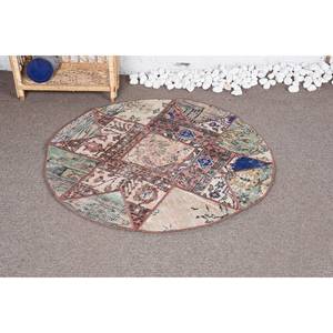 Alfombra turca Vintage hecha a mano grande de 3,4x3,4 pies de lana Beige con patrón de retales de respaldo de látex para decoración de pasillo o habitación - Product Image 1