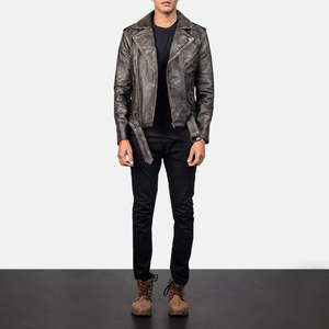 Authentic Men's Vintage Brown Leather Biker Jacket-Genuine Leather Distressed XS Zippered Standing Collar - Product Image 4