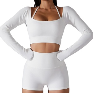 ชุดออกกำลังกายของผู้หญิงเสื้อยืดแขนยาวพองเปิดนิ้วโป้งแบบสั่งทำสำหรับชุดฟิตเนส - Product Image 5