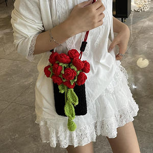 Crochet <b>Sweet</b> Woven Finished <b>Flower</b> Mobile Phone Bag Women's Fashion Crossbody Handmade Shoulder Bag Polyester Drawstring - Product Image 1