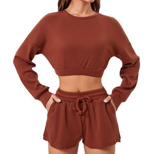 Vêtements de sport à capuche pour femmes ensemble d'entraînement à manches longues sweat court short décoré en dentelle solide survêtement survêtement pyjamas - Product Image 4