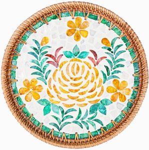 Haute qualité Boho rond tissé rotin plateau de service nacre Accent pour Table basse décor à la maison - Product Image 4