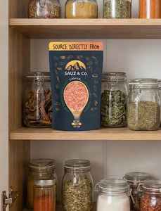 Bolsa de Pie Impresa de Primera Calidad para Sal Rosa del Himalaya Gruesa, Grado Alimenticio, Sal de Roca Gourmet, Marca Sauz & Co, de Fábrica - Product Image 4