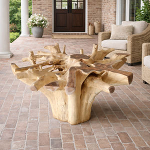 Mesa de Comedor de Lujo Ecológica de Raíz de Teca Natural con Tapa de Vidrio Templado, Base de Madera Maciza Reciclada Hecha a Mano, Diseño Rústico Moderno - Product Image 2