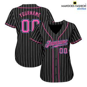 Camiseta de Béisbol Personalizada con Rayas Blancas y Negras y Detalles en Rosa y Azul Claro - Ropa Deportiva Transpirable Estampada (Auténtica y Personalizada) - Product Image 2
