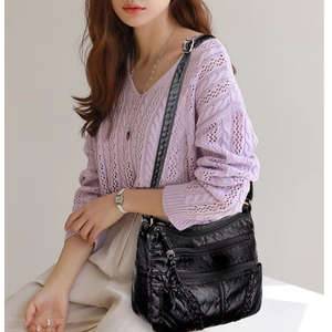 Sac à bandoulière élégant en cuir PVC souple pour femmes avec détails tressés, plusieurs poches zippées, sac à main décontracté et léger - Product Image 1