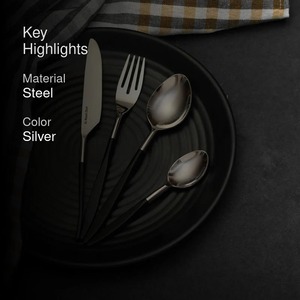 Ensemble de couverts modernes en acier inoxydable argenté à manche noir avec fourchette, cuillère et couteau pour table à manger, cuisine et usage quotidien - Product Image 6