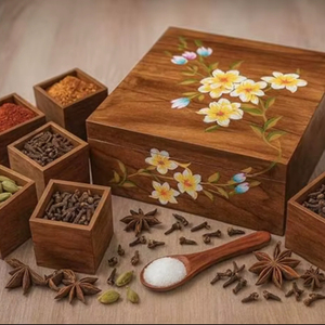 Caja de Especias de Madera Natural Impresa Ecológica de Primera Calidad, Grosor Ajustable, Múltiples Secciones de Almacenamiento para Cocina - Product Image 1