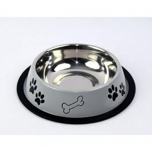 ชามสัตว์เลี้ยงสแตนเลสคุณภาพสูงสีเทา ลายอุ้งเท้าและกระดูก สำหรับสุนัขและแมว ใช้ใส่อาหารและน้ำ ล้างในเครื่องล้างจานได้ - Product Image 1