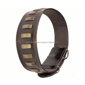 Collar de perro marrón resistente de cuero auténtico genuino para mascotas medianas o grandes, remache de bronce decorativo, collar de perro cosido completo para mascotas - Product Image 1