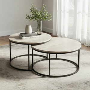 Dessus de table ronds modernes en faux MDF et cadres en métal noir pour la maison, meubles de salon, ensemble de tables basses - Product Image 1