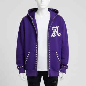 Sudadera con capucha de algodón grueso con cremallera, estilo streetwear, con efecto desgastado y bloques de color, para hombre, bordada, estampada personalizada, oversize - Product Image 1