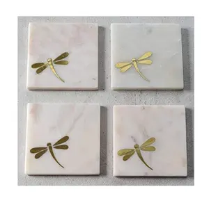 Naturstein Luxus Marmor Messing Schmetterling Design Untersetzer Weißes Quadrat Marmor Untersetzer suchen am besten zum Verkauf