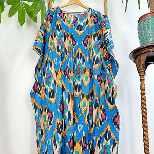 ผ้าคอตตอนแท้พิมพ์ลายกิโมโนแบบอินเดียสำหรับฤดูร้อนชุดคลุมชายหาดสวมใส่สบายผ้าเดนิมชายหาดสีฟ้ามัสตาร์ด - Product Image 1