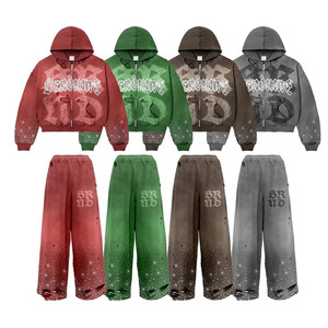 Nouveauté : Ensemble sweat-shirt et pantalon de survêtement pour homme, style délavé, broderie, strass, cordon de serrage, couleur unie, effet délavé à l'acide - Product Image 1