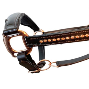 High Quality Luxury Havana Brown Leather Horse <b>Halter</b> with clear Crystal Bling Chain Noseband Premium Rose Gold Hardware - Product Image 3