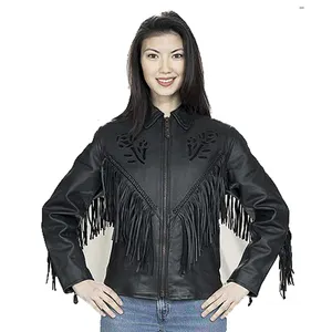 HMB-0317A WOMEN LEATHER JACKET BASIC MOTORCYCLE COAT BLACK FLOWER FASHION FRINGES BIKER JACKETS WHOLESALE COATS