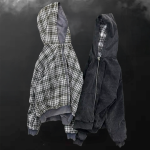 Sudadera con capucha y cremallera de algodón pesado de felpa francesa con bloques de color, estilo streetwear personalizado, de diseñador, oversize para hombre - Product Image 1