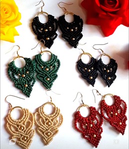 Pendiente de aro de macramé de hilo de Color negro, joyería femenina, conjunto circular de latón, pendiente de aro de macramé de estilo bohemio - Product Image 5