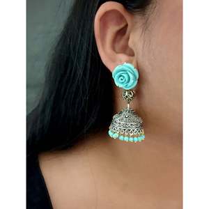 Floral Design <b>Turquoise</b> Stone <b>Stud</b> Jhumki Fashion <b>Earrings</b> - Product Image 3