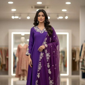 Vêtements ethniques pour femmes, haut et pantalon en soie romaine avec broderie lourde, broderie en soie romaine avec dupatta en organza - Product Image 1