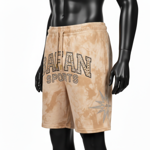 กางเกงขาสั้นผู้ชายผ้าฝ้ายฟลีซหนา 320 GSM สีแทนฟอกกรด สัมผัสนุ่ม ประดับด้วยคริสตัล พร้อมปักโลโก้ตามสั่ง - Product Image 4