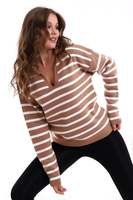 Pull en tricot doux et confortable à col polo rayé pour femmes, style européen et américain, décontracté, pour le bureau, automne et hiver, vente en gros