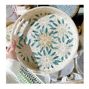 Plateau de service en rotin naturel de luxe avec incrustation de nacre, plateau de service décoratif artisanal - Product Image 3