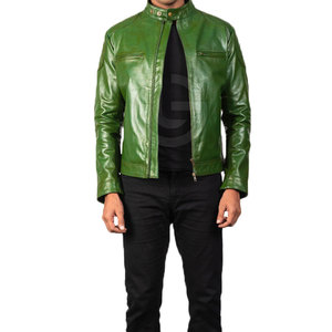 Custom Design Genuine <b>Sheepskin</b> Leather <b>Jacket</b> for Men Solid Color Stand Collar with Front Logo Canvas Material for Streetwear - Product Image 1