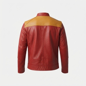 Blouson en cuir d'agneau véritable rouge personnalisé avec empiècements moutarde, style moto pour homme, vêtement d'extérieur, tenue de course moto et automobile OEM - Product Image 2