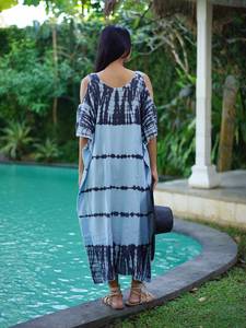 Venta caliente vestidos tradicionales mujeres señora elegante bohemio calle corbata teñida manga corta escote en V hasta el suelo lavable Kaftan - Product Image 4